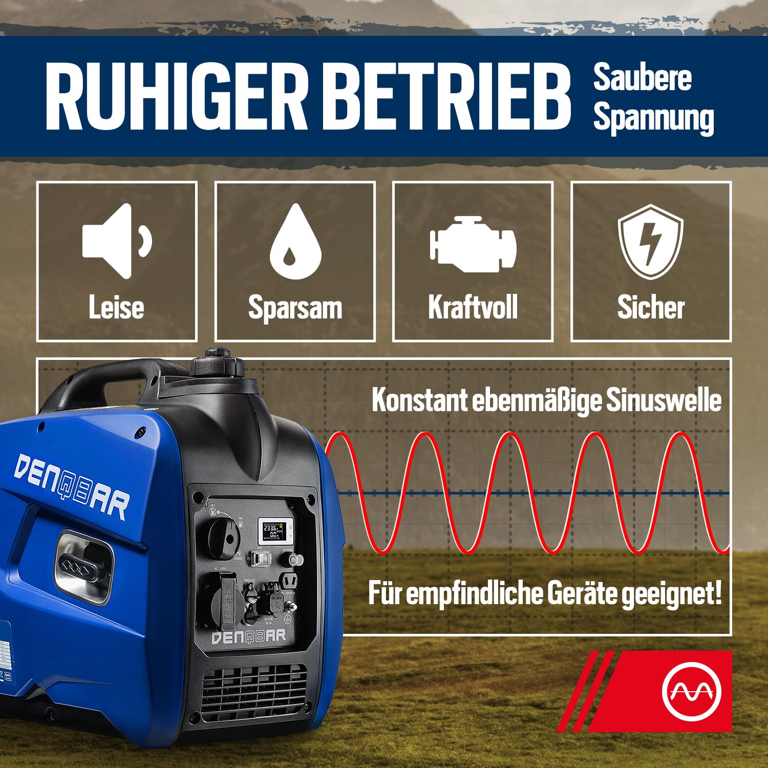 DENQBAR Inverter Stromgenerator DQ-2100 2100W, Benzin Stromerzeuger mit 230V, USB Fast-Load, Superleise, LED Display, tragbar - Für Camping, Outdoor, Baustelle, Reise, Wohnmobil und Notstromaggregat